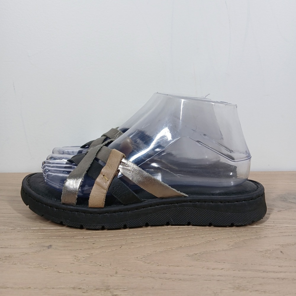 Born Leather Sandals Womens 7/38 Black Silver Tan Multi Strap Comfort Slides - Picture 1 of 11